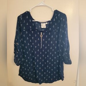 Womens Large Janetchung Navy Blue Anchor Three Quarter Sleeve Blouse